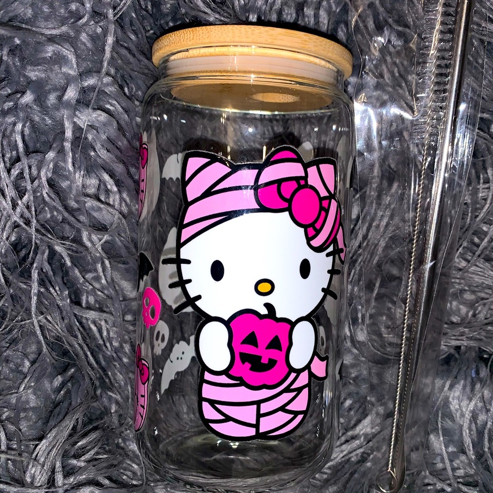 Halloween Hello Kitty glass tumbler cup with bamboo lid + reusable metal straw